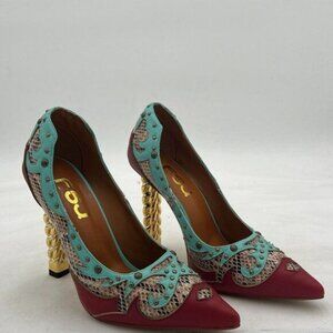 FSJ Women Gold Metal Chain Chunky High Heel Pointed Toe Slip On Fashion Party